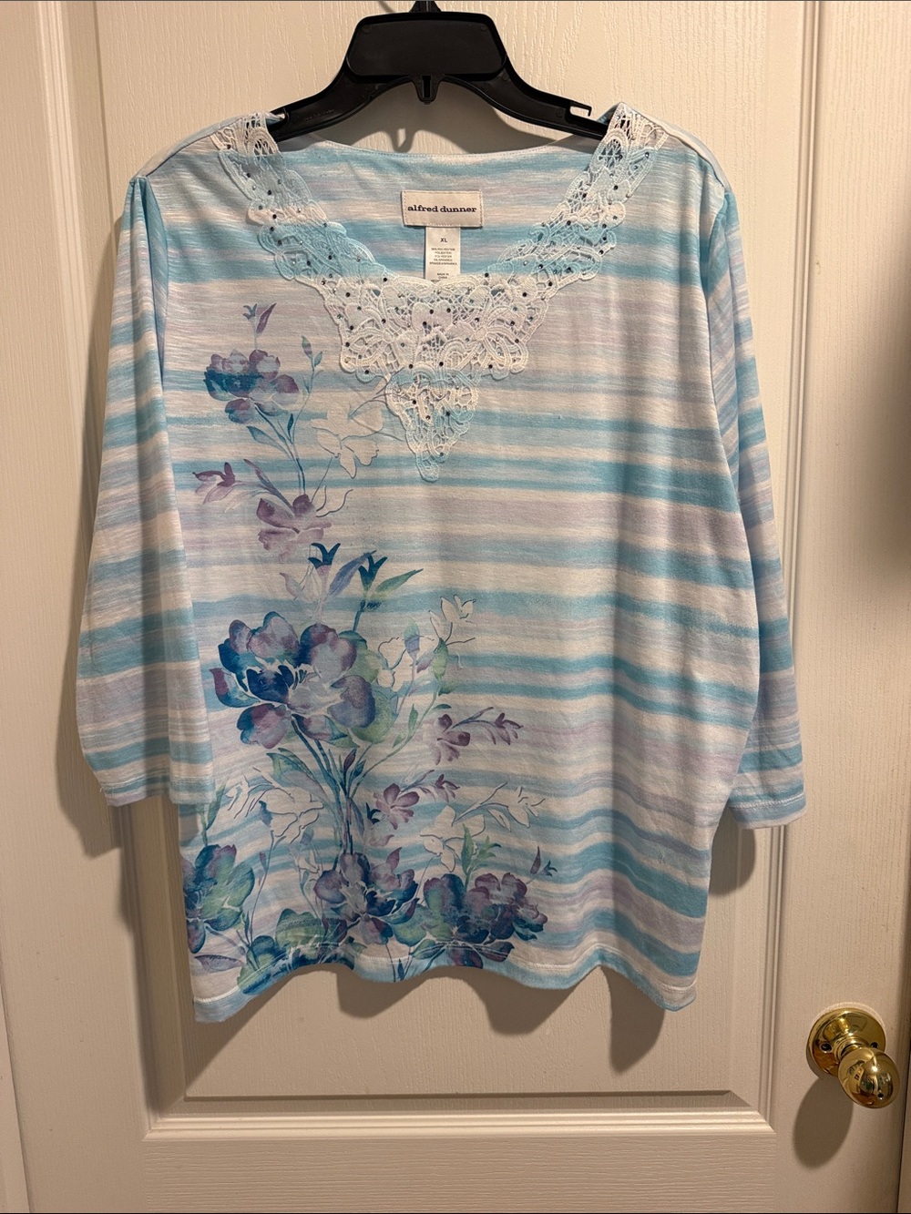 Alfred Dunner Light Blue & White Striped Floral Lace-Trim Long Sleeve Top